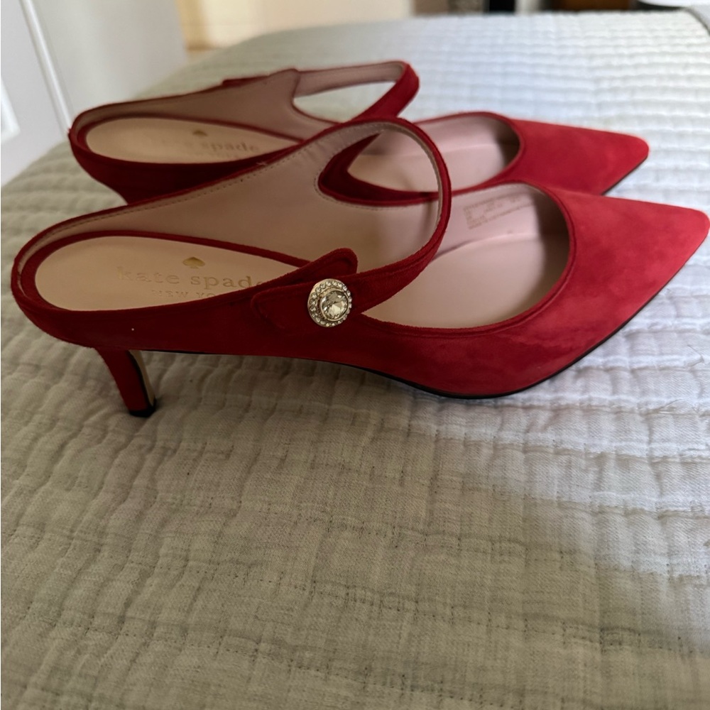 kate spade Red Suede Mary Jane Kitten Heel Pumps